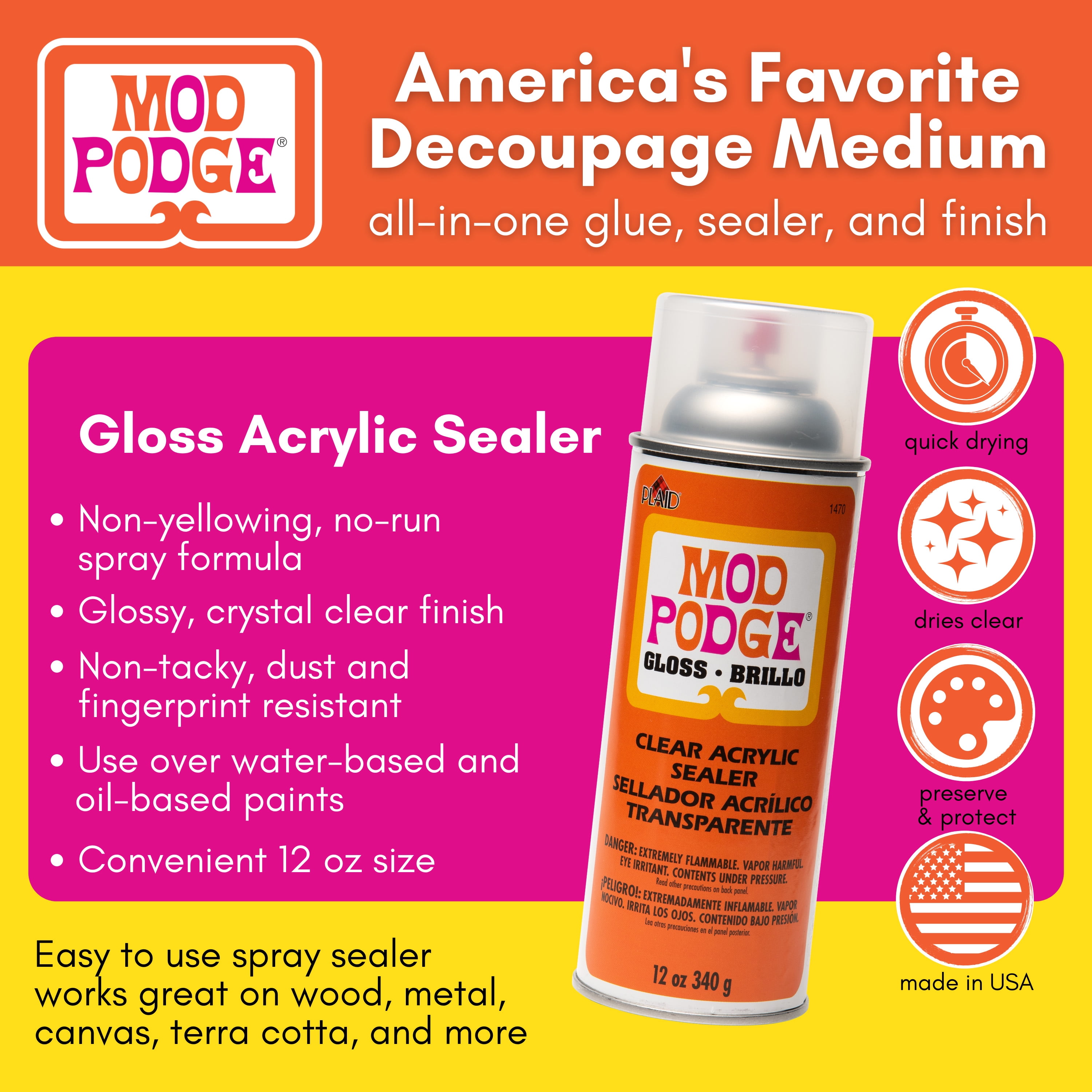 Clear Acrylic Sealer Spray for Wood, Metal, Canvas - Protects, Preserves -  12 oz