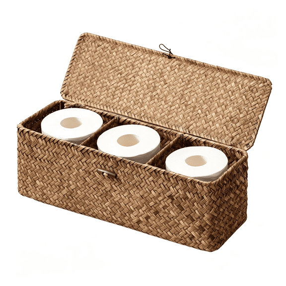 XIBUFE Toilet Paper Storage Basket with Lid,Large Wicker Baskets with 3 Compartments,Seagrass Back of Toilet Basket for Tank Topper,Shelves Organizer,16½"X 5½"X 5½",1-Pack