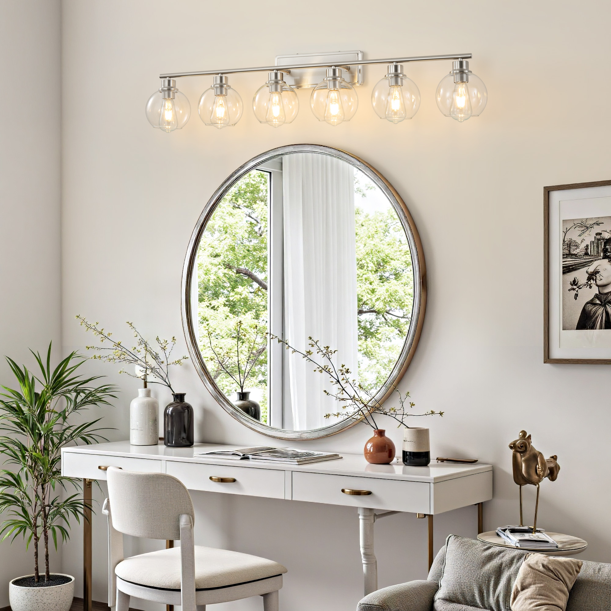 Deyidn 42.12" Nickel Bathroom Vanity Light, 6-Light Dimmable Wall Fixture with Clear Glass Shades for Makeup Mirror, Modern Luxury