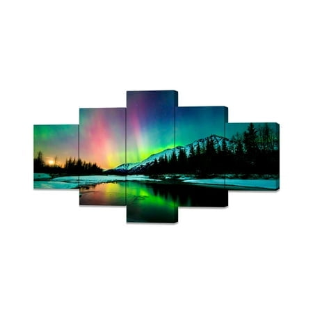 Aurora Borealis Canvas Wall Art Northern Lights Canvas Print Painting for Living Room Snowy-Mountains-Landscape Poster Picture Wooden Framed Prints Ready to Hang (60Wx32H, aurora borealis decor17)