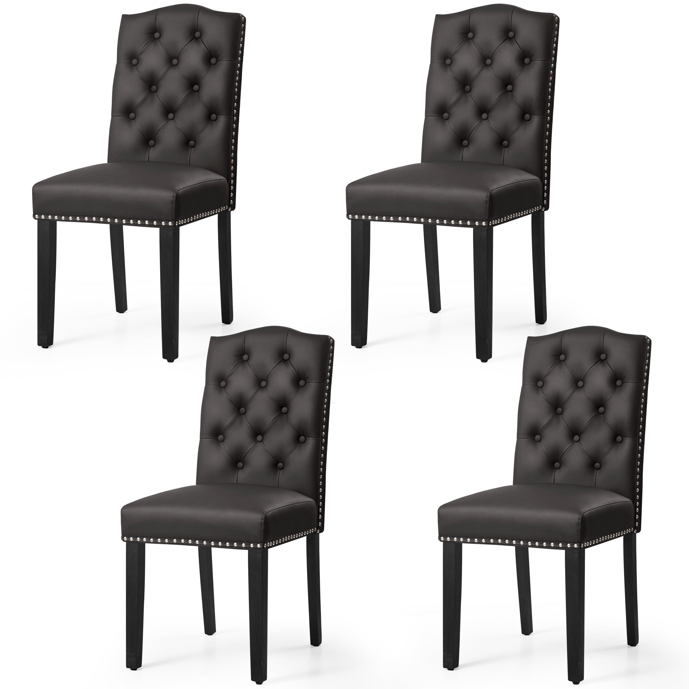 Subrtex Upholstered Dining Chairs Set of 4, PU Leather Dining Chair with Nail heads Trim, Button Padded Chairs Set for Kitchen Dining Room, Gray