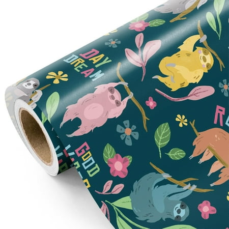 WRAPAHOLIC Sloth Daydream PresNok Wrapping Paper Roll - Mini Roll - 17 Inch x 16.5 Feet - Adorable Sloth and Plants Design Perfect for Birthday, Baby Shower
