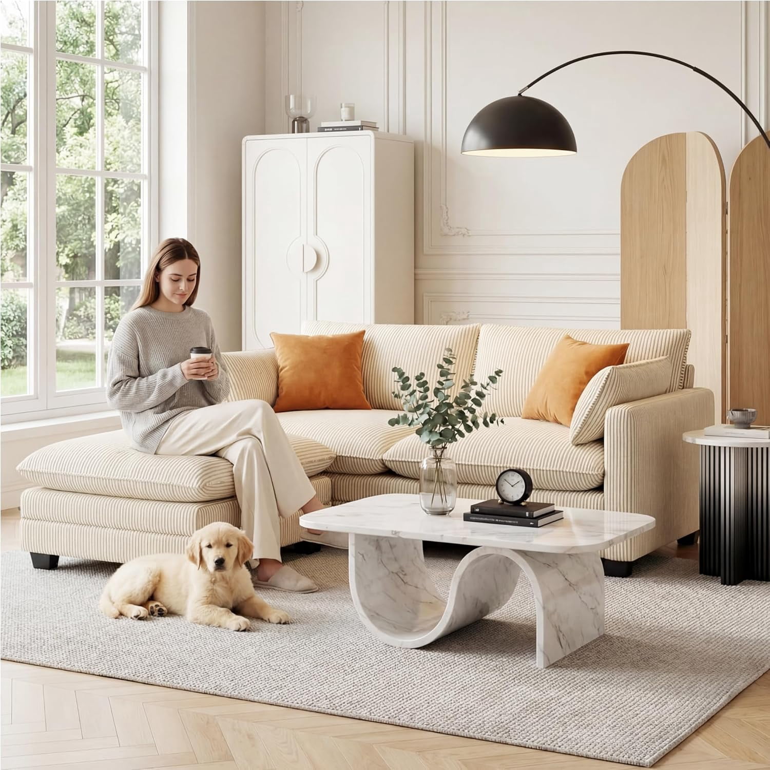 70'' Cloud Loveseat with Ottoman for Small Space, Noelse Comfy Small Sofas and Couches with Deep Seat and Pillows for Living Room and Bedroom, Corduroy Fabric, Beige