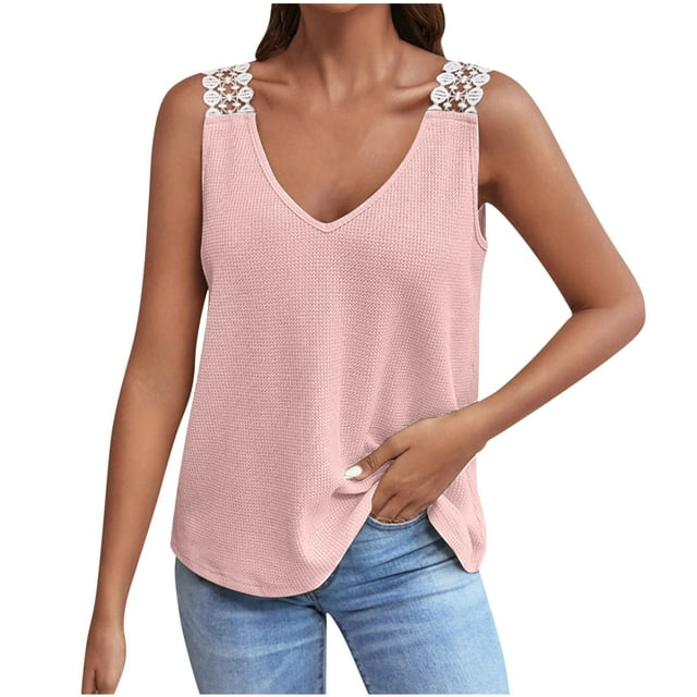 Birdeem Mode Femmes Décontracté Col en V Sans Manches Dentelle T-Shirt Uni Blouse