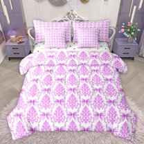 jejeloiu Cute Cartoon Bowknot 7-Piece Bedding Comforter Set,Victorian Baroque Damask King Bedding Sets,Pink Bow Tie Bed Sheets For Girl,Super Cozy Room Decor Reversible