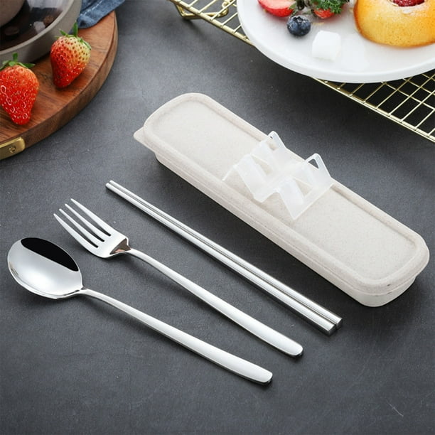 Juego de cubiertos portátil de acero inoxidable | Utensilios de camping reutilizables con estuche organizador para tenedor, cuchara y palillos | Cubiertos de viaje duraderos y fáciles de limpiar