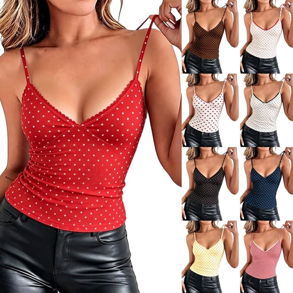 WHEANG Polka Dot Tank Tops for Women Summer Fashion Slim Fit Camisole Adjustable Spaghetti Strap Sleeveless Tank Top Y2K Vintage Fitted V-Neck Camisole Tops for Women Size L Red