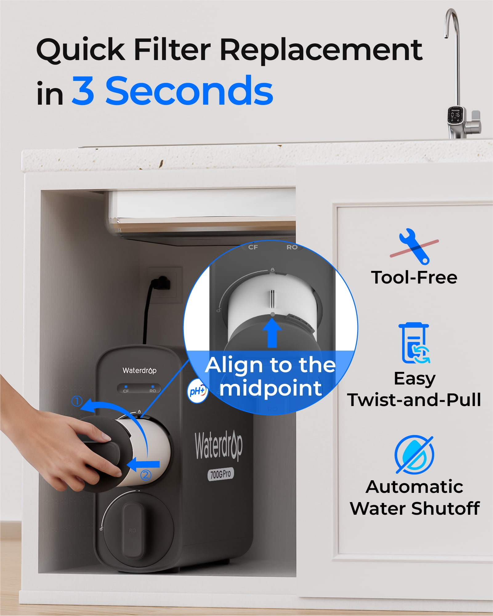 Waterdrop WD-G5P700A-Pro-CF Filter, Replacement for WD-G5P700A-Pro Undersink Reverse Osmosis System, 6-month Lifetime