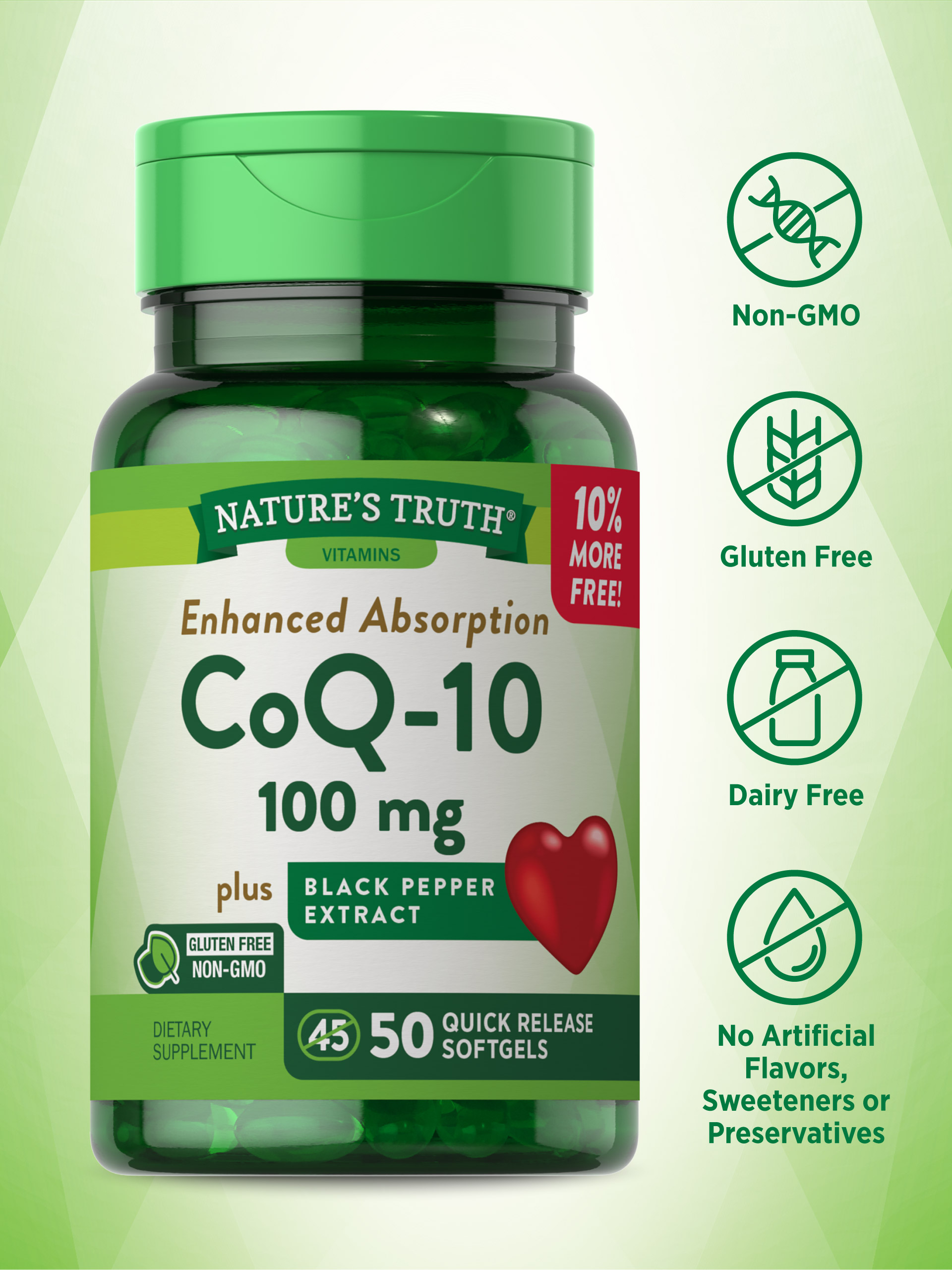 Nature's Truth Enhanced Absorption 100 mg CoQ-10 Plus Black Pepper Extract 50 Quick Release Softgels
