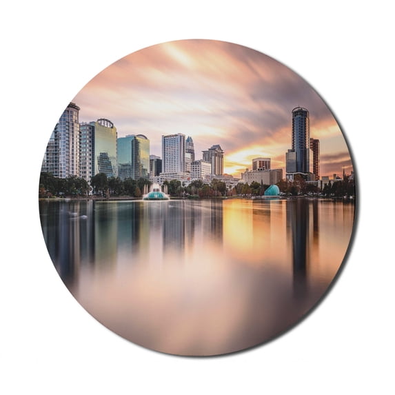 American Mouse Pad for Computers, USA Florida Downtown City Skyline View from the Lake Foggy Scenic Panorama, Round Non-Slip Thick Rubber Modern Mousepad, 8" Round, Teal Peach Grey, by Ambesonne