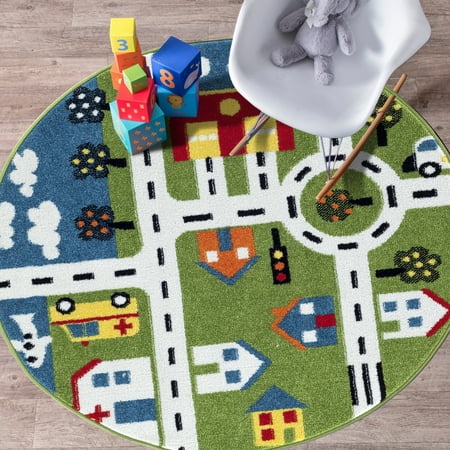 LR Home Fun & Play Whimsical City Town Green / Cream 4 ft. 8 in. Round Kids Indoor Area Rug