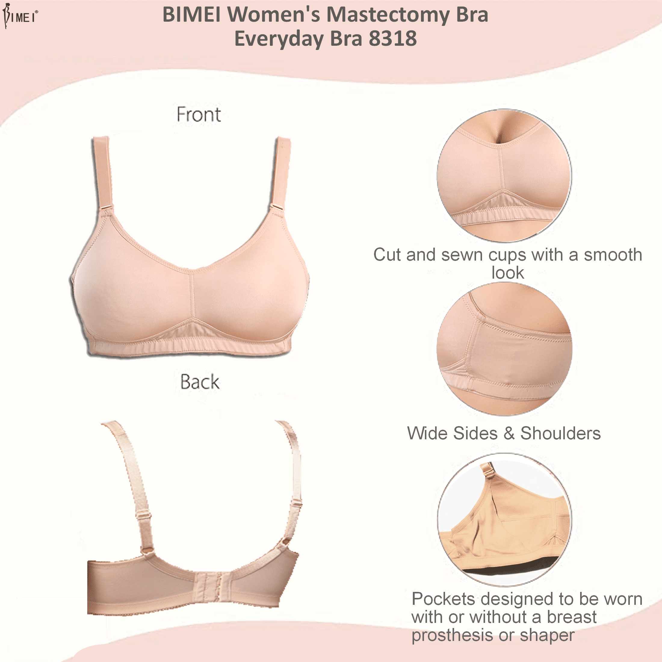 BIMEI Women's Mastectomy Bra Pockets Wireless Post-Surgery for Breast Forms Everyday Bra 8318,Beige, 40A