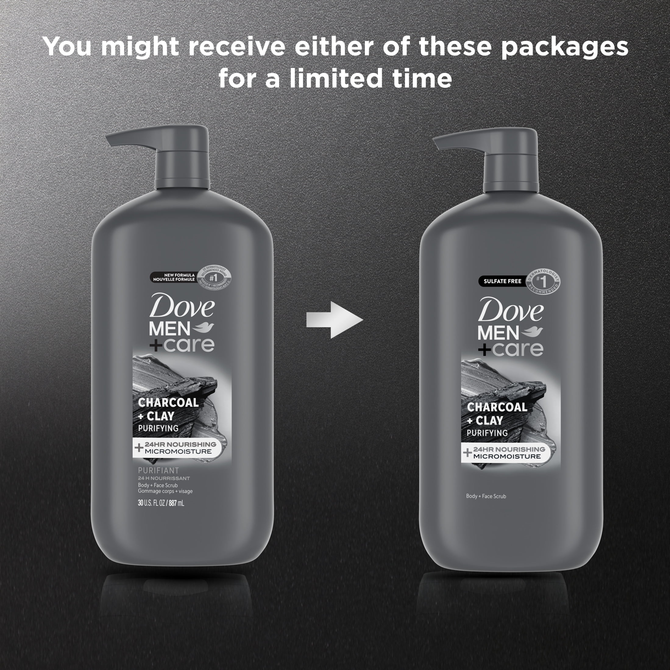 (4 pack) Dove Men+Care Body And Face Scrub Body Wash For Men Charcoal + Clay With 24-Hour Nourishing Micromoisture Technology, 30 fl oz