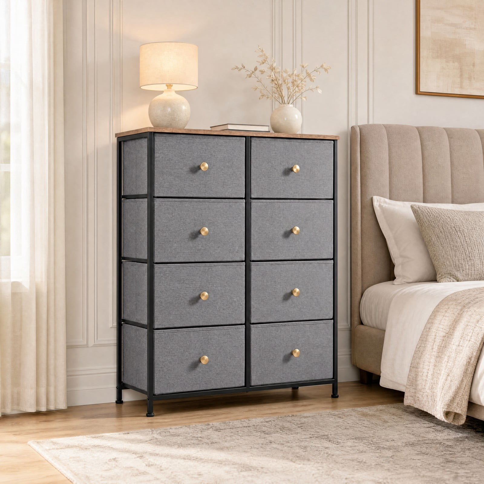 Telyra 8-Drawer Fabric Dresser Tall Storage Tower with Wood Top and Steel Frame Bedroom Closet Organizer, Greyish Blue