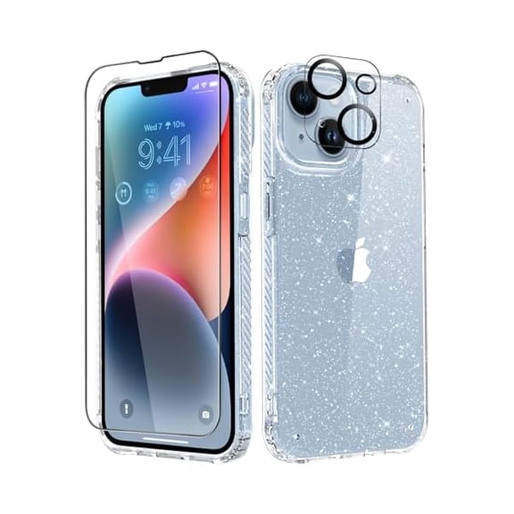 Compatible with iPhone 14 Plus Case with Screen Protector   Camera Lens Protector, [Non-Yellowing] Clear Glitter Protective Shockproof Phone Case for Women Girls, 6.7 Inch - Sparkle Clear