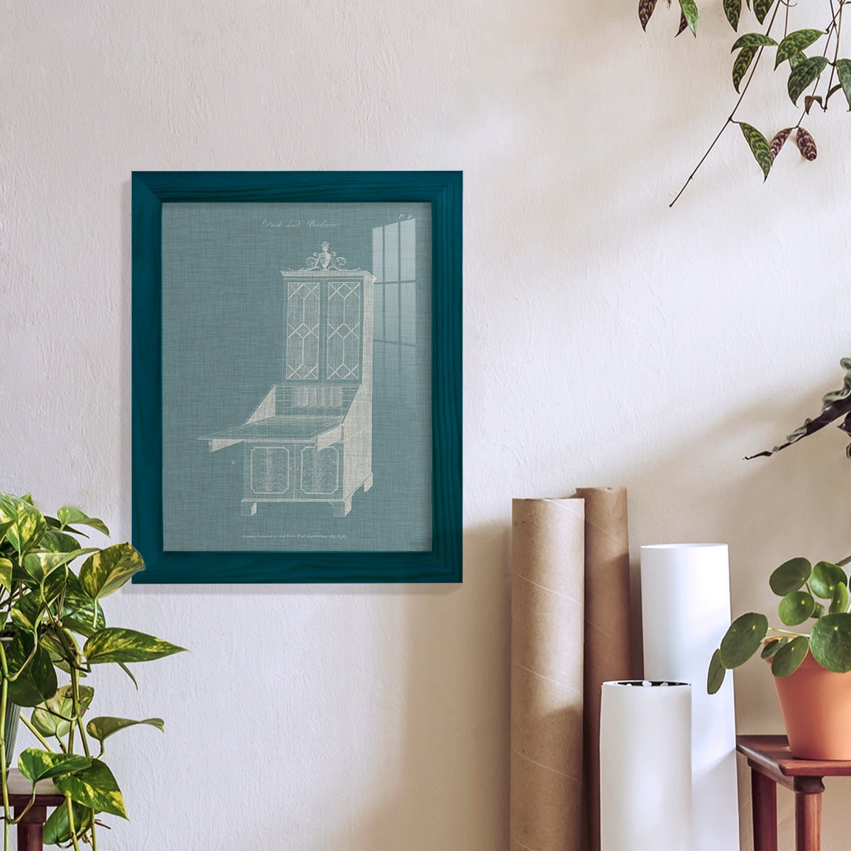 Hepplewhite Desk & Bookcase IV - Framed Print w/glass - Ocean Blue