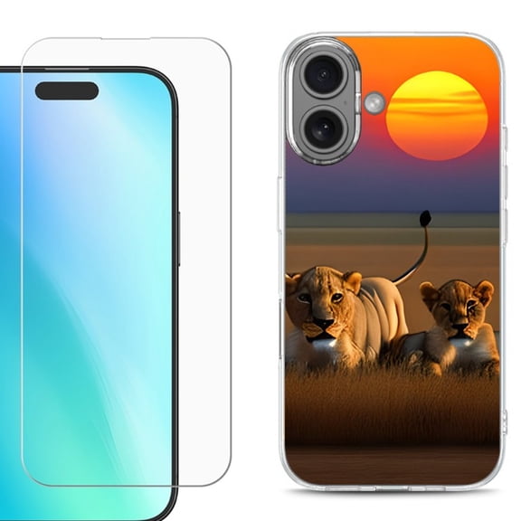 For iPhone 16 Phone Case Cover, Shockproof Case with Tempered Glass Screen Protector, by OneToughShield - Lion Sunset