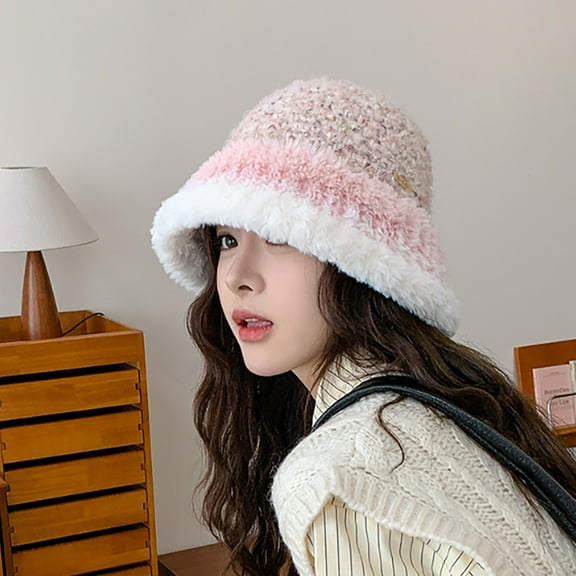 Winter Hats for Women Fleece Lined Beanie Knit Chunky Womens Snow Cap Women's Winter Plush Warm Ear Protection Matching Color Bucket Basin Hat Pink