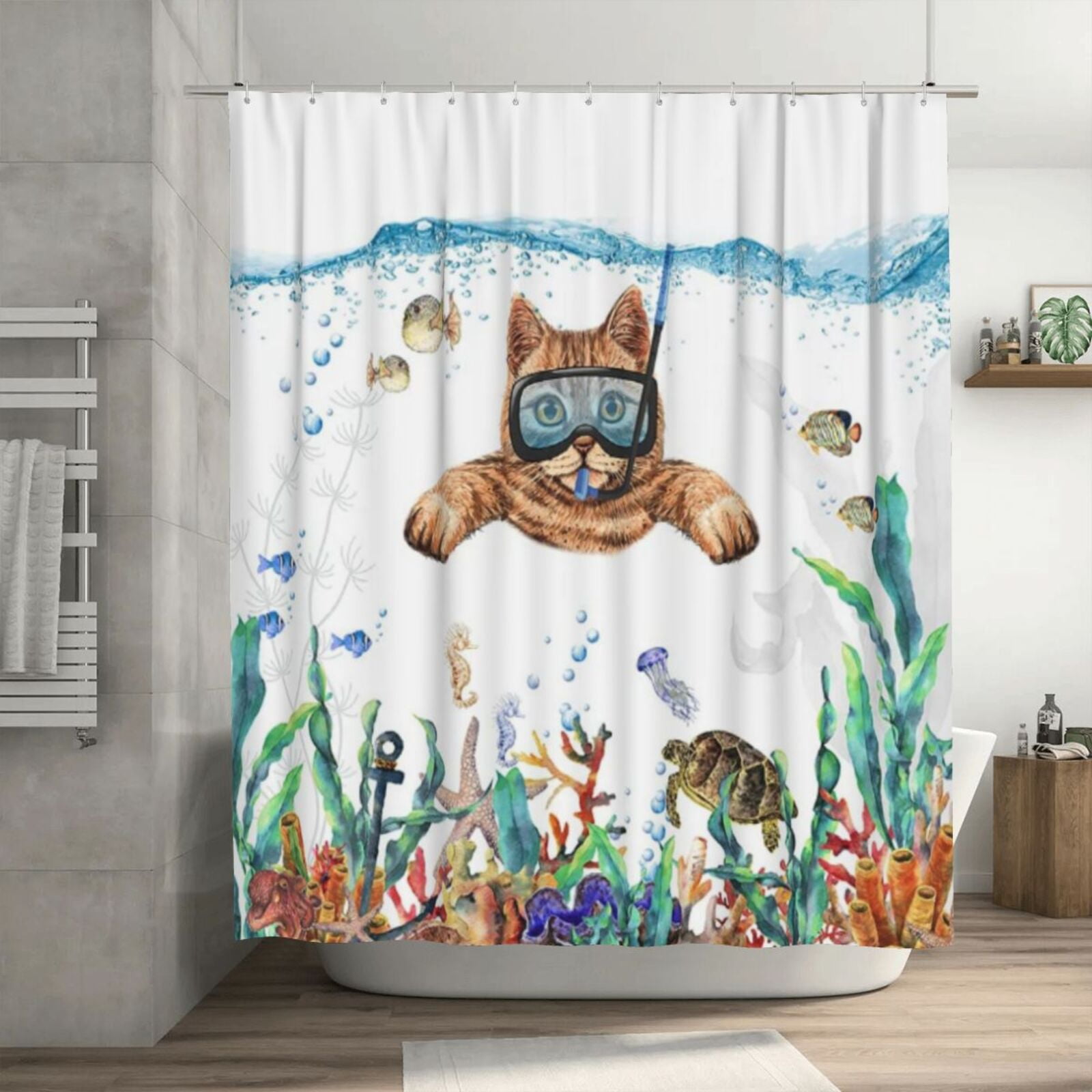 Cool Scuba Diving Cat Shower Curtain for Bathroom, Tropical Fish