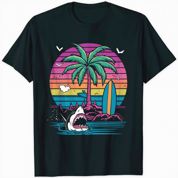 Fun Retro Tropical Vaporwave Palm Trees Shark and Surfboard T-Shirt