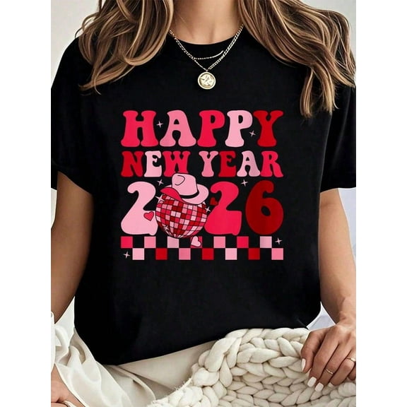 100% Cotton Womens Happy New Year 2026 Groovy Family New Years Eve Party Women T-Shirt Summer Tees Women