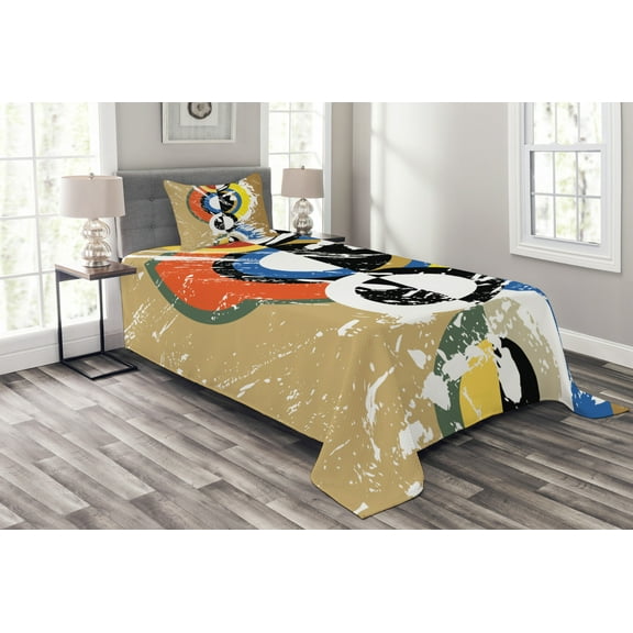 Ambesonne Art Quilted Bedspread Set 2 Pcs, Abstract Geometric Circles, Twin Size, Multicolor