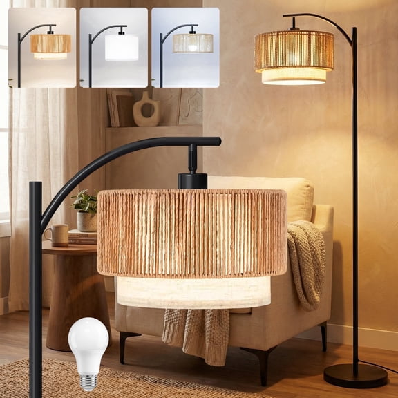 DAYBETTER Floor Lamp for Living Room, Arc Floor Lamps with 3 Color Temperatures, Farmhouse Unique Hanging Douoble Drum Lampshade, for Bedroom, Living Room