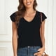 thumbnail image 3 of Camisa de encaje para mujer, escote en V profundo, ajuste holgado, color sólido, transpirable, blusa informal de verano para uso diario, negro XL, 3 of 8