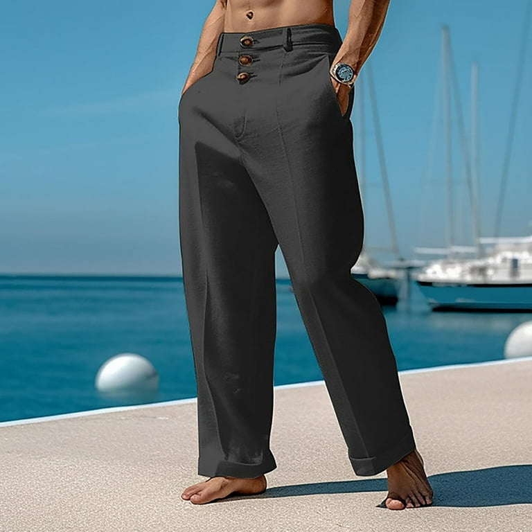 Men Pants Casual Solid Buttons Pants High Waist Athletic Gym Long