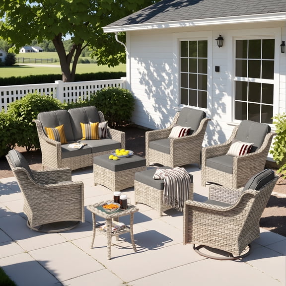 Vcatnet 8 Pieces Patio Furniture Sets with Swivel Glider Chairs, Outdoor Wicker Rattan Sectional Sofa, All Weather High Back Conversation Set with Ottoman, Dark Gray