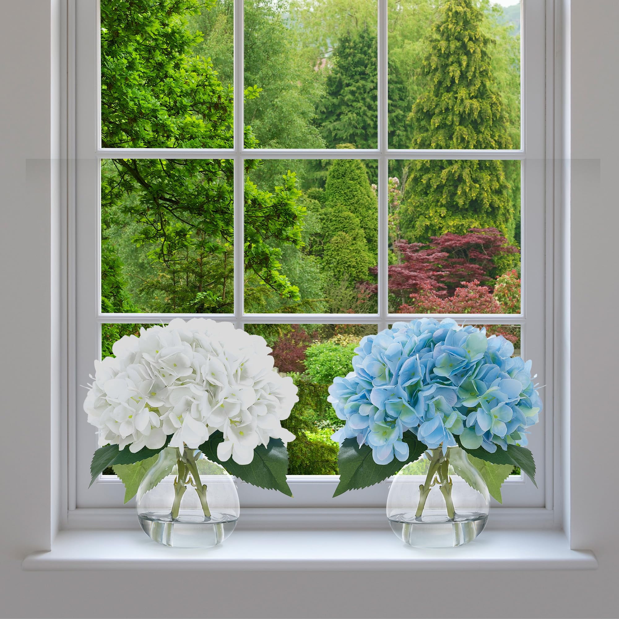 2-Pack Artificial Hydrangeas in Glass Vase with Faux Water - White & Blue Faux Flower Arrangement for Table Centerpiece, Home Office, Shelf & Bathroom Decor