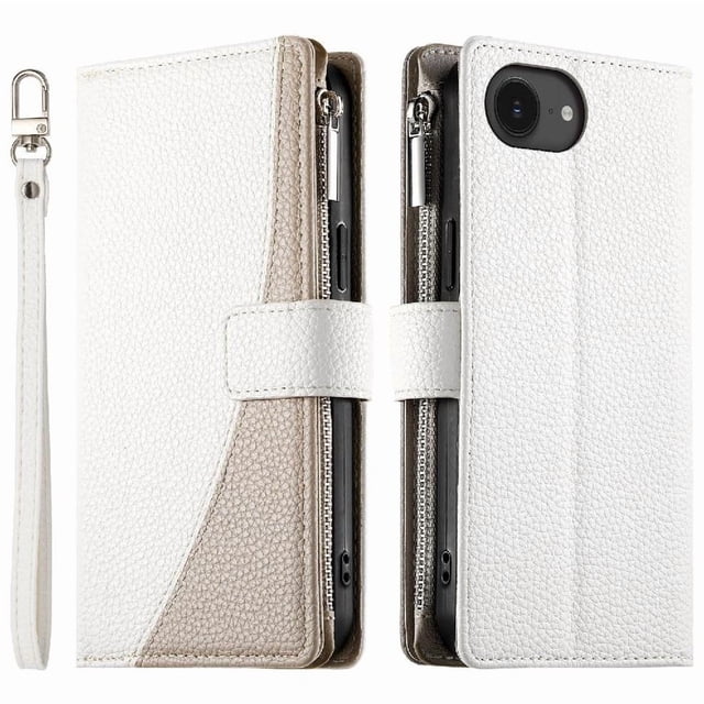 Funda cartera GANGXUN para iPhone 16e , cuero PU con tarjetero, cremallera, correa de mano, soporte y protección 987°