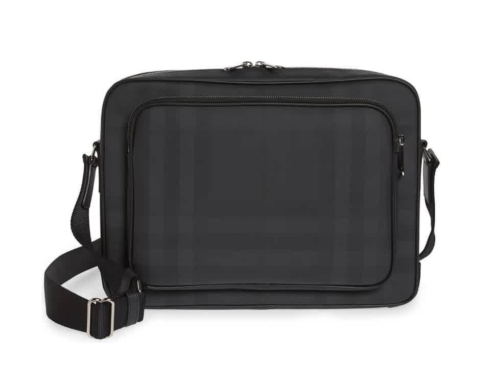 Burberry Mens London Check and Leather Messenger Bag in Dark Charcoal