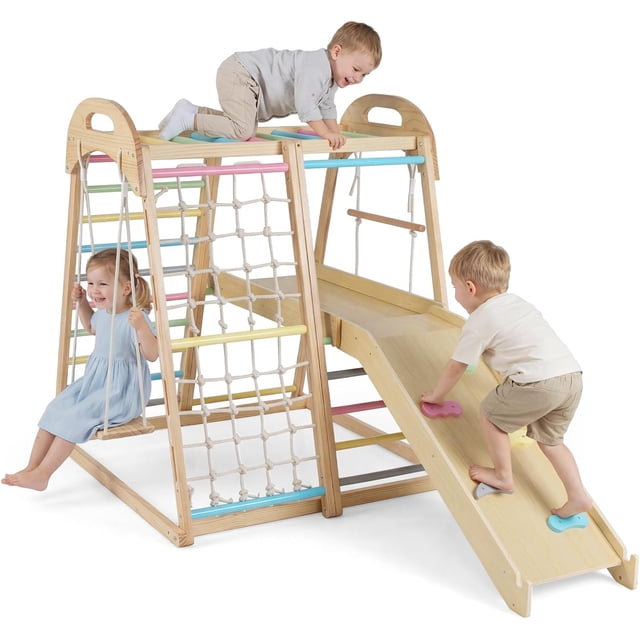 OLAKIDS Indoor Jungle Gym, 8 in 1 Wooden Montessori Baby Climbing Toys with Adjustable Ramp, Swing Slide Monkey Bar Rope Ladder Waiting Area Climb Net