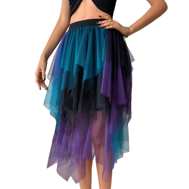 Falda de Alta Cintura Elástica de las Mujeres Falda Asimétrica en Capas de Cintura Alta con Diseño de Gradiente, Tela Suave Transpirable Midi Casual para el Verano