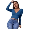 thumbnail image 4 of IROINID Hauts Courts à Manches Longues Réduits pour Femmes Blouse Ample d'Automne Col en V Pull Décontracté, Bleu, 4 of 9