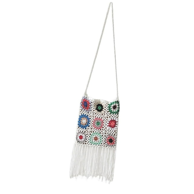 Bolso de hombro tejido a mano con borlas, estilo étnico, bohemio, informal, hecho a mano Blanco