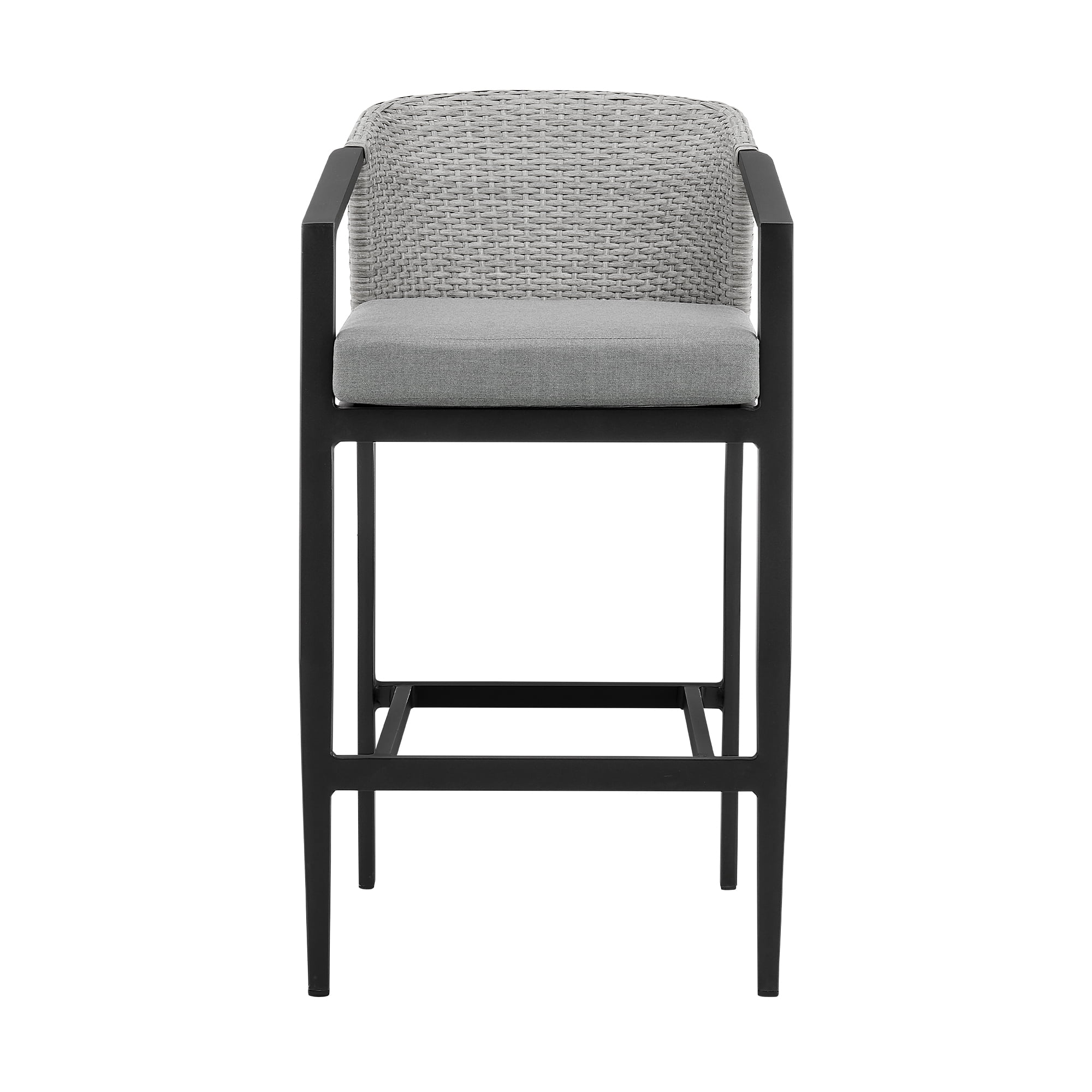 Palma Outdoor Patio Counter Height Bar Stool in Aluminum and Wicker with Gray Cushions - Set of 2