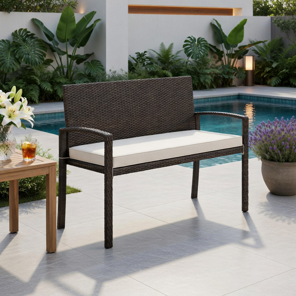 Hommoo 2-Seat Outdoor Wicker Loveseat Bench with Removable Off-White Cushions, PE Rattan & Metal Frame, Patio Garden Poolside Seating, Natural