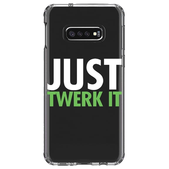 DistinctInk Clear Shockproof Hybrid Case for Samsung Galaxy S10e (5.8" Screen) - TPU Bumper Acrylic Back Tempered Glass Screen Protector - Just Twerk It