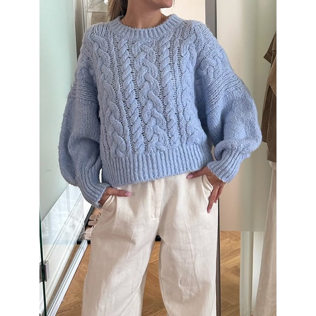 Suéteres de punto con cable para mujer, jerseys de manga larga con cuello redondo y colores sólidos, tops de punto