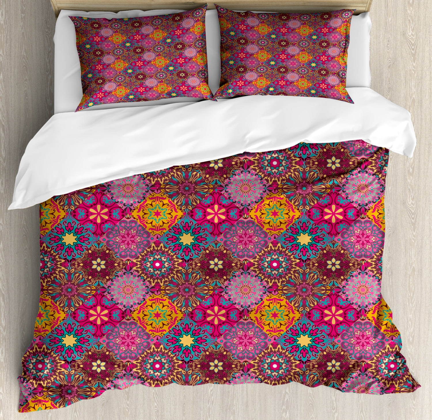 Moroccan Duvet Cover Set Queen Size, Vibrant Artistic Mandala Motifs in