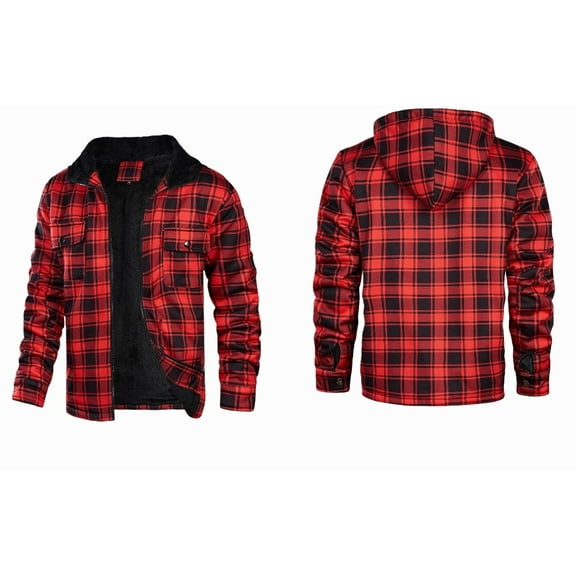 Men's Heavyweight Red & Black Plaid Jacket with Fleece Lining - Men's Small