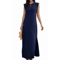 thumbnail image 2 of Vestido Maxi de Verano 2025 para Mujer, Informal, Holgado, con Abertura, Sin Arrugas, con Cuello Redondo y Bolsillos, Color Azul Marino M, 2 of 9