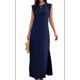thumbnail image 2 of Vestido Maxi de Verano 2025 para Mujer, Informal, Holgado, con Abertura, Sin Arrugas, con Cuello Redondo y Bolsillos, Color Azul Marino M, 2 of 9