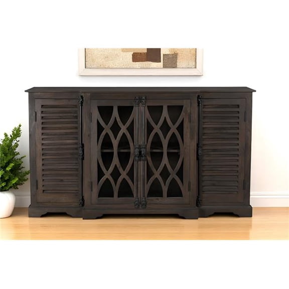 HomeRoots 634319 70 in. Dark Brown Solid Wood Carved Geometric Sideboard with Four Doors