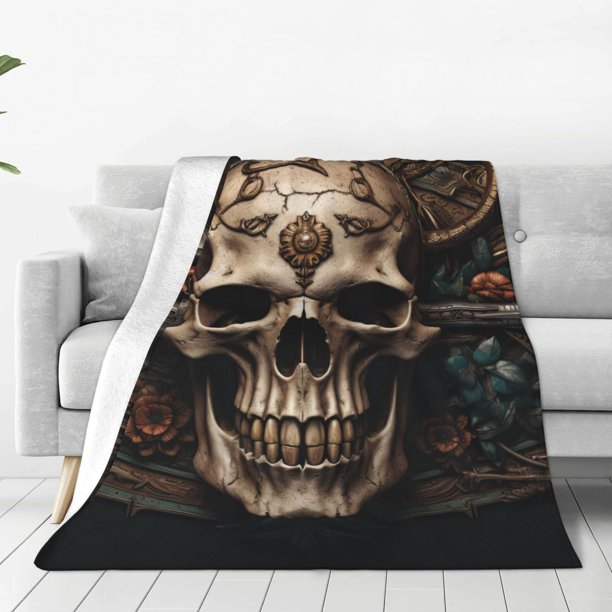 Balery Metal Style Horned Skull Manta de Felpa Suave y Acogedora – Cobija de Franela Aterciopelada para Cama, Lavable y Cálida para Sofá, Mascotas, Transpirable-80"x60"