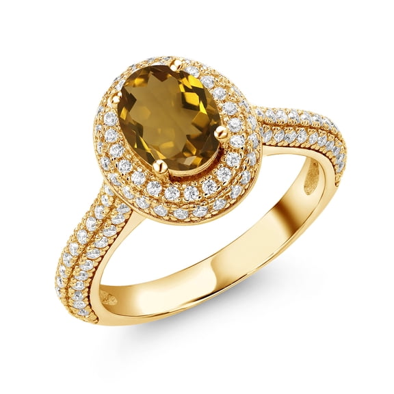 Gem Stone King 18K Yellow Gold Plated Silver Ring Oval Quartz Moissanite (1.64 Cttw)