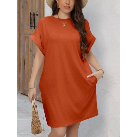 Burnt Orange Plus Size Solid Batwing Sleeve Shift Dress With Slanted Pockets