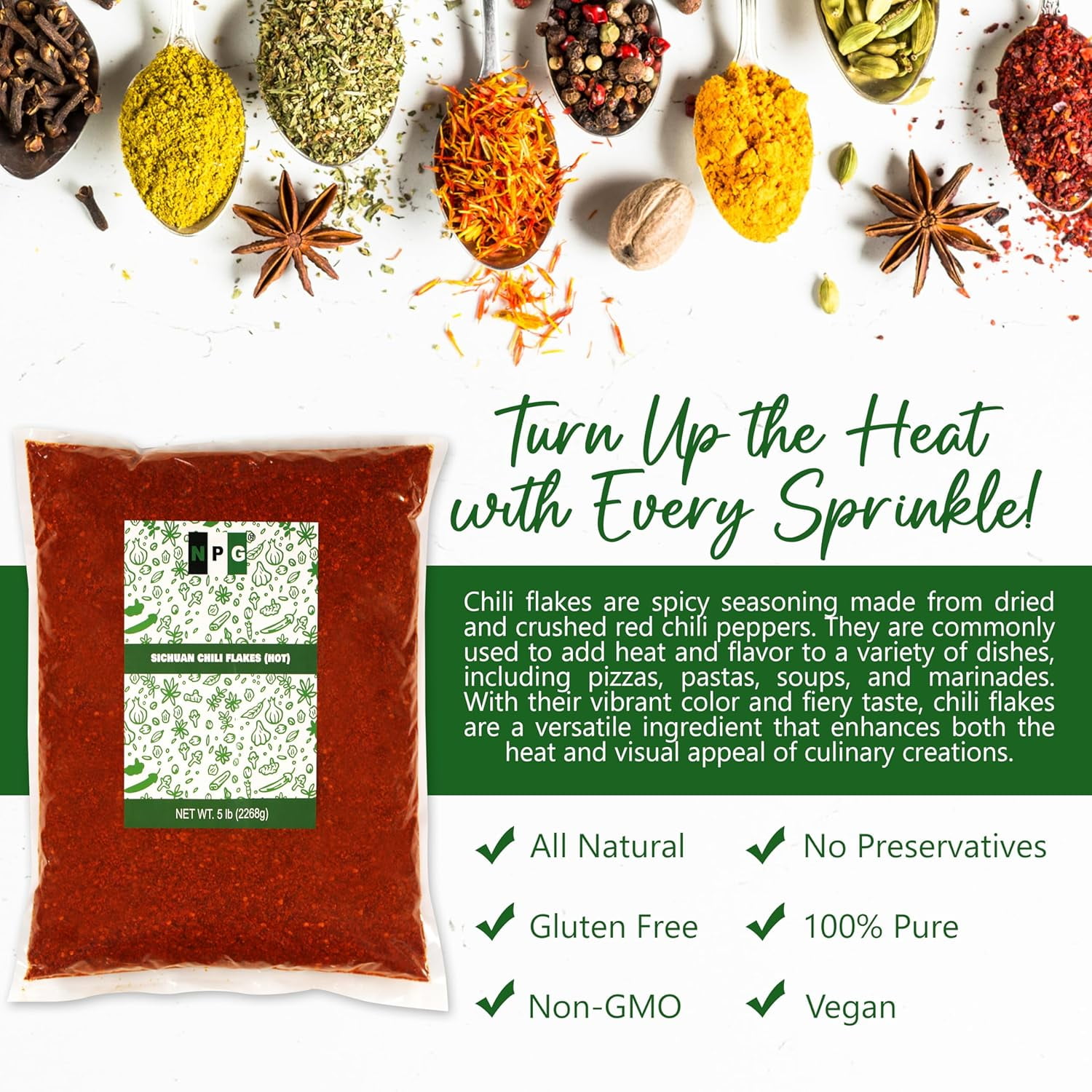 NPG Authentic Sichuan Chili Flakes 5 LB Bulk, Extra Hot, Szechuan Crushed Red Pepper Flakes Bulk, Essential Spice Seasoning for Making Kimchi, Chili Oil, Stir-fry, Pizza, Salads, and Tacos